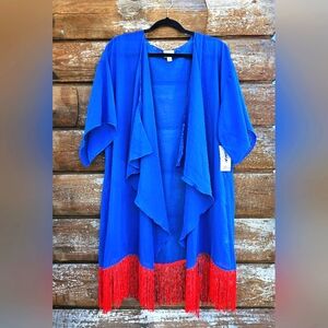 Lularoe Monroe Semi Sheer Chiffon Flowy Vibrant Blue & Red Fringe Kimono Coverup